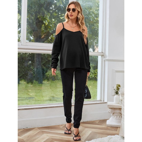 Maternity Waffle Knit Cold Shoulder long sleeve Tee black - Picture 4 of 5